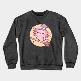 Cute Axolotl Witch Flying On A Broom Over The Moon Crewneck Sweatshirt